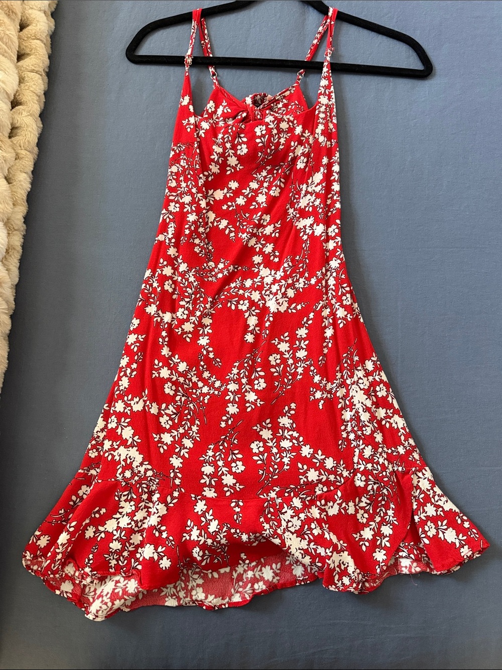 Olivaceous Red Floral Mini Slip Dress with Ruffle Hem
